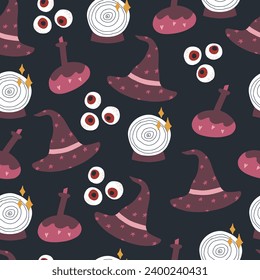 Halloween seamless pattern with witches elements, on dark background. Potion flask, eyeballs, witches hat and magic ball. Magic and witchcraft concepts.