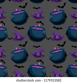 Halloween seamless pattern with witches hat,witch's cauldron and bats.
