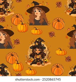 Halloween seamless pattern with witches, pumpkins, and autumn elements in vector art