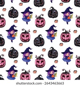 Halloween Seamless Pattern with Witches and Pumpkins. Cute Halloween Design with Pink Pumpkins and Witch Girls