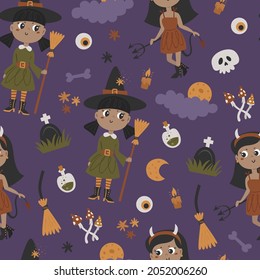 Halloween seamless pattern with with witches. Pattern for scrapbooking, wallpaper, children's and children's clothing.