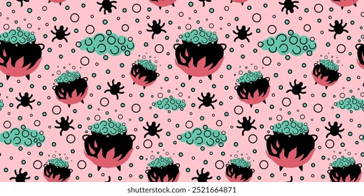 Halloween seamless pattern with a witch's cauldron, potion, spiders. Simple flat vector illustration.
