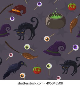Halloween seamless pattern with witch's stuff