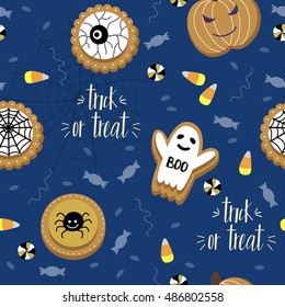 Halloween seamless pattern with, ghost, cookies, candies, lettering and other. Template for textile, Party card, Greeting Scrapbooking, Congratulations, Invitations, Stickers.