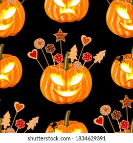 Halloween seamless pattern witn pumpkins and biscuits for the children