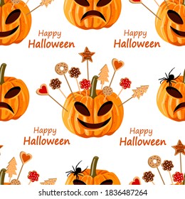 Halloween seamless pattern witn pumpkins and biscuits for the children.