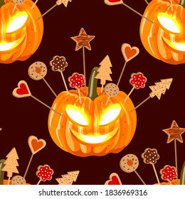 Halloween seamless pattern witn pumpkins and biscuits for the children