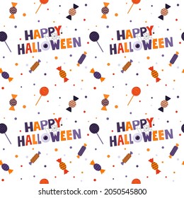 Halloween seamless pattern with wrapped candies, lollipops and words-Happy Halloween. Flat cartoon elements on white background. Color backdrop for packaging. Purple, orange colors. Vector.