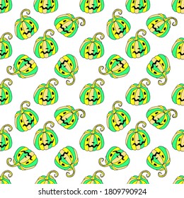 Halloween seamless pattern with yellow green pumpkins isolated on white background. Funny doodle art. Cute Jack lanterns. Vector illustration for card design and fall decoration.