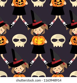 Halloween seamless pattern with young witch, Halloween pumpkins and Skull.