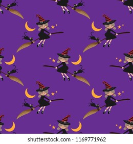 Halloween seamless pattern with young witch and black cat flying on sky with broomstick.