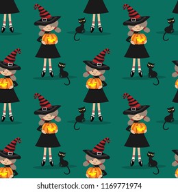 Halloween seamless pattern with young witch.