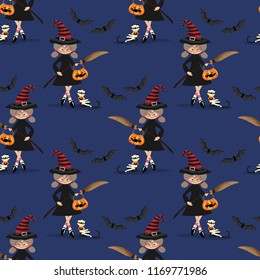 Halloween seamless pattern with young witch and mummy cat.