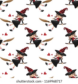 Halloween seamless pattern with young witch flying with broomstick.