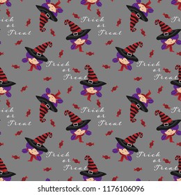 Halloween seamless pattern with young witch and Halloween candy