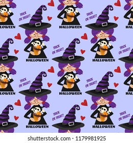 Halloween seamless pattern with young witch and Halloween cupcake.