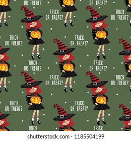 Halloween seamless pattern with young witch, Halloween pumpkin, black cat and Trick or treat? text.
