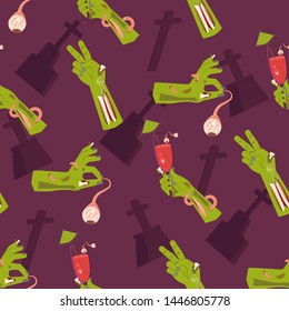 Halloween nahtloses Muster mit Zombie und Fledermaus. Süß Horror Hintergrund für Textilien, Spielzeug, Verpackung, Poster. Flache Kunst, Vektorgrafik