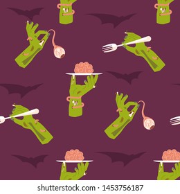 Halloween seamless pattern with zombie and bat. Cute Horror background for textiles, toys, packaging, poster. Flat Art Vector illustration