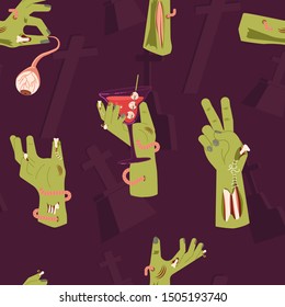 Halloween seamless pattern with zombie and bat. Cute Horror background for textiles, toys, packaging, poster. Flat Art Vector illustration