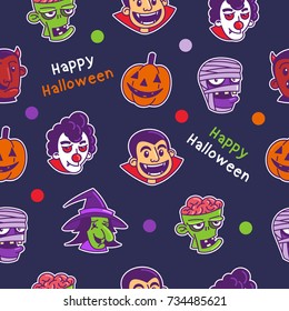 Halloween seamless pattern of zombie, mummy, clown, devil, witch, and dracula