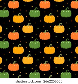 Halloween seamless pattern.Colorful pumpkins repeat pattern isolated on black background.Squash, autumn plant, harvest season.Vector graphic illustration.