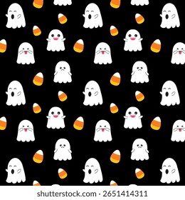 Halloween seamless pattern.Little cute spooky ghost with candy corn repeat pattern.Vector graphic illustration background.