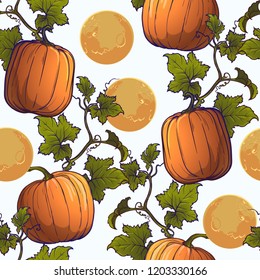 Halloween Seamless Pattern.Pumpkins and moon. Chaotic distribution of elements. Isolated on white background. EPS10 vector illustration