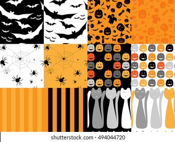 Halloween Seamless patterns with bat, pumpkin, spider, spider web, stripe and cat in black white gray and orange