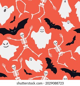 Halloween-Muster mit Fledermäusen, Skeletten und Geistern auf orangefarbenem Hintergrund. Feiertage, Feste, Cartoon, Vektorgrafik.