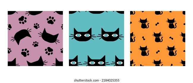 Halloween seamless patterns with black cat cartoons and paw prints on purple, green mint and orange backgrounds vector illustration. 