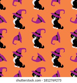 Halloween seamless patterns with black cats. Colorful vector background