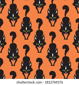 Halloween seamless patterns with black cats. Colorful vector background