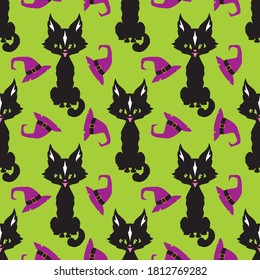 Halloween seamless patterns with black cats. Colorful vector background