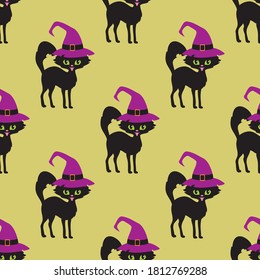 Patrones sin fisuras de Halloween con gatos negros. Fondo de vector colorido