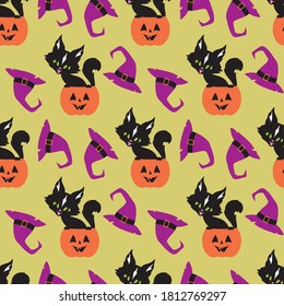 Halloween nahtlose Muster mit schwarzen Katzen. Farbiger Vektorhintergrund