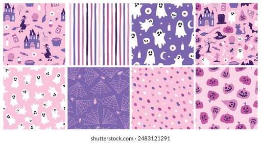 Halloween seamless patterns collection with cute doodles and abstract elements for wallpaper, textile prints, craft projects, wrapping paper, stationary, scrapbooking, digital paper and backgrounds