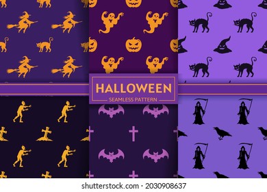 Halloween seamless patterns collection with flat vector illustrations. Halloween textures and backgrounds. Silhouettes and flat icons of halloween monsters and symbols.