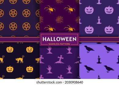 Halloween seamless patterns collection with flat vector illustrations. Halloween textures and backgrounds. Silhouettes and flat icons of halloween monsters and symbols.