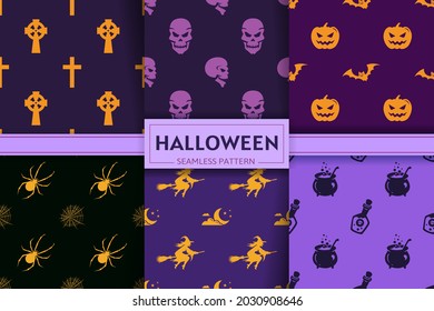 Halloween seamless patterns collection with flat vector illustrations. Halloween textures and backgrounds. Silhouettes and flat icons of halloween monsters and symbols.