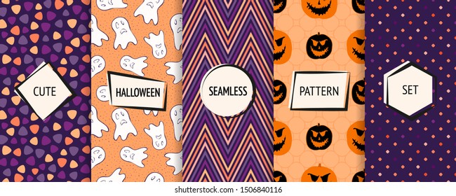 Halloween seamless patterns collection. Vector set of colorful background swatches with modern minimal labels. Cute abstract textures for kids. Design with pumpkins, ghosts, candies, dots, chevron