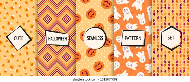 Halloween seamless patterns collection. Vector set of funny background swatches with modern labels. Cute abstract textures with pumpkins, ghosts, candy corn, lines, dots. Design for kids, decor, print