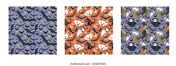 Halloween seamless patterns with Cute Funny Ghosts, Bats and witch. Vector Illustration