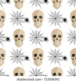 Halloween seamless patterns design with spiders and skulls. Vector illustration of a Halloween style with seamless pattern. Holiday horror and fear in October.