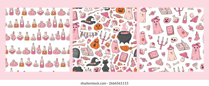 Halloween seamless patterns with doodles for wallpapers, nursery decor, kids apparel, textile prints, wrapping papers, backgrounds, kitchenware, tablecloth, etc. EPS 10