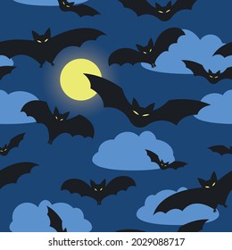 Halloween seamless patterns with flying bats on the background of the moon and clouds. Holiday vector illustration. Bat silhouettes endless texture.