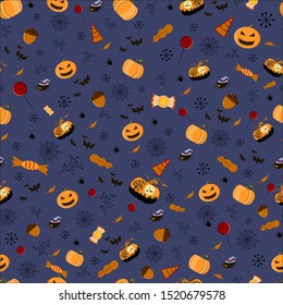 Halloween seamless patterns. Pumpkin, bat, cobweb, sweets, lollipop oak leaf vampire spider, web Vector backgrounds