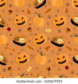 Halloween seamless patterns. Pumpkin, bat, cobweb, sweets, lollipop oak leaf vampire Vector backgrounds