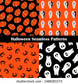 Halloween seamless patterns with pumpkins, coffins, monsters and ghosts. Creepy party background in flat design. 