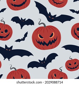 Patrones sin fisuras de Halloween con calabazas y murciélagos voladores. Ilustración vectorial de fiesta de vacaciones. El fondo es gris, negro y naranja.